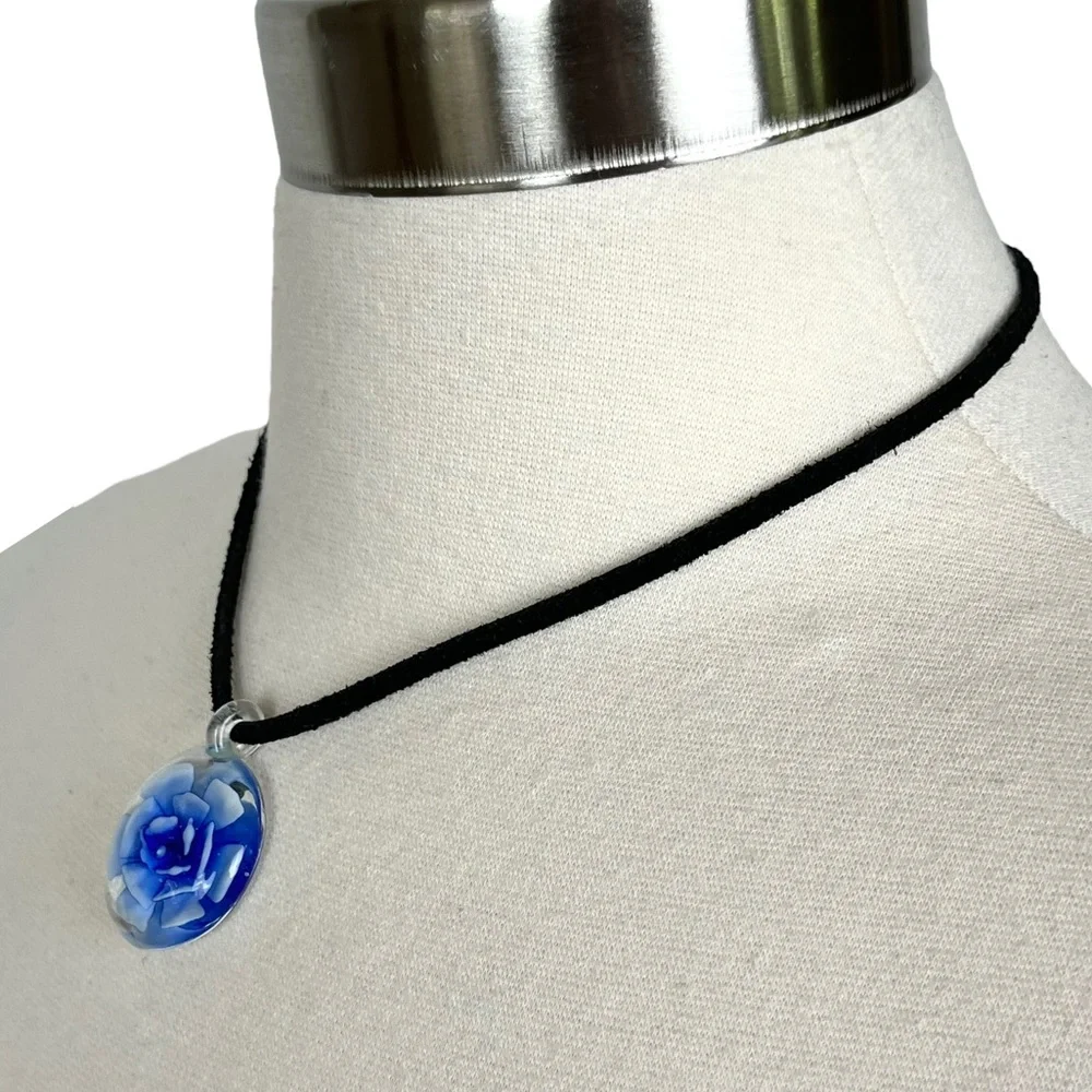 Blue Flower Glass Pendant Necklace
